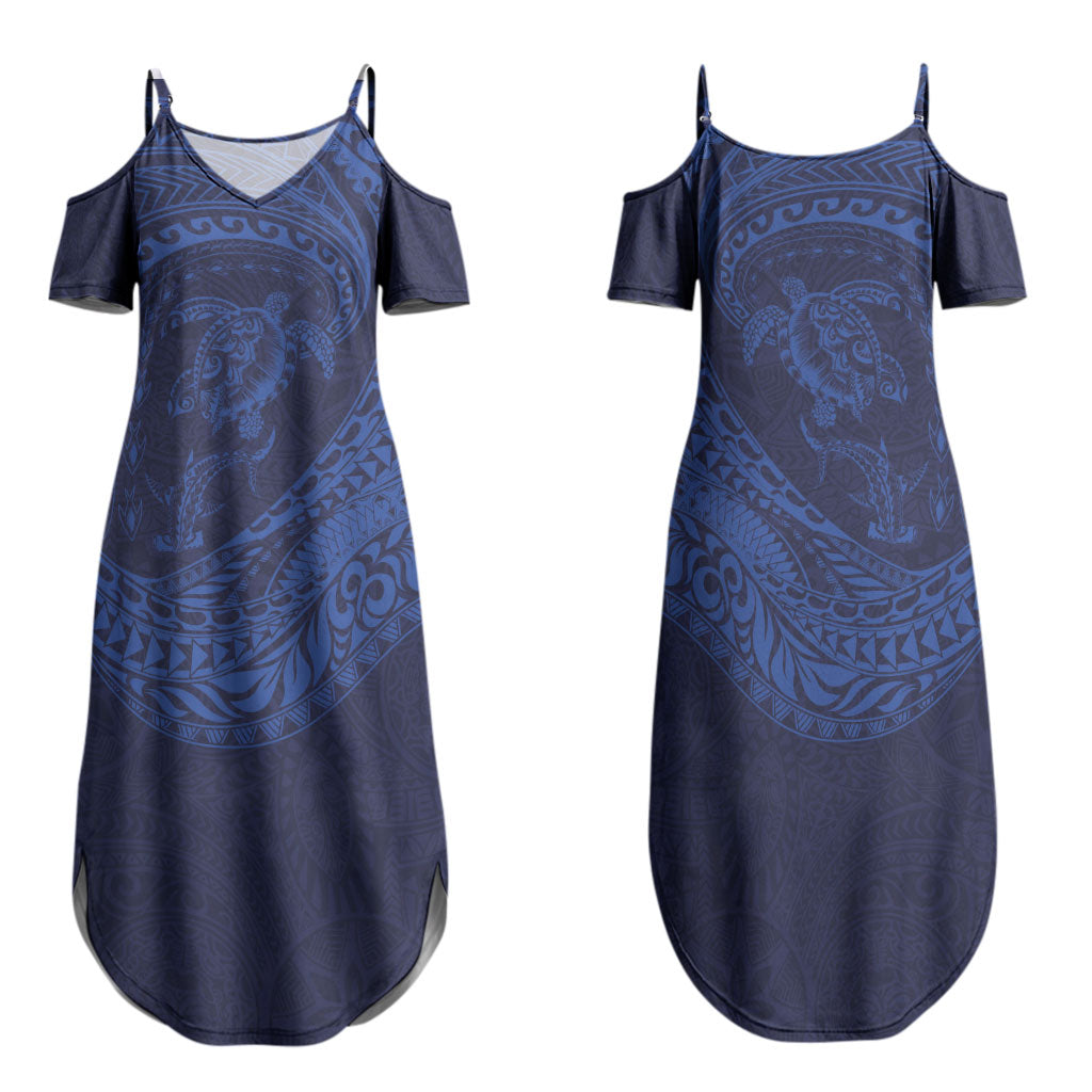 Hawaiian Turtle and Shark Family Matching Summer Maxi Dress and Hawaiian Shirt Kakau Tribal with Polynesian Pattern Blue Color LT03 Mom's Dress Blue - Polynesian Pride