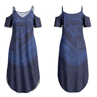 Hawaiian Turtle and Shark Family Matching Summer Maxi Dress and Hawaiian Shirt Kakau Tribal with Polynesian Pattern Blue Color LT03 Mom's Dress Blue - Polynesian Pride