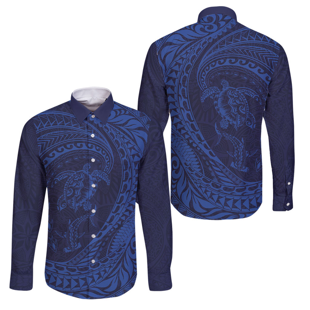 Hawaiian Turtle and Shark Family Matching Summer Maxi Dress and Hawaiian Shirt Kakau Tribal with Polynesian Pattern Blue Color LT03 Dad's Shirt - Long Sleeve Blue - Polynesian Pride