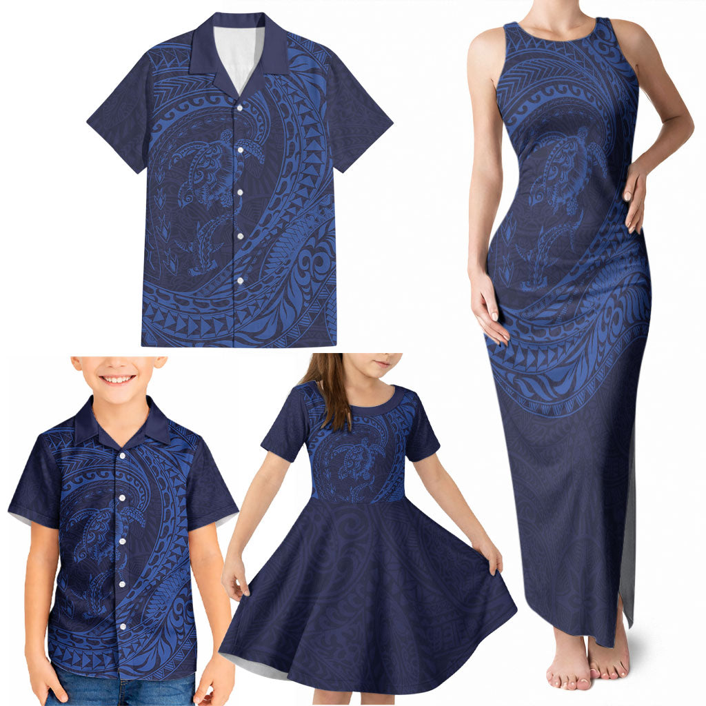 Hawaiian Turtle and Shark Family Matching Tank Maxi Dress and Hawaiian Shirt Kakau Tribal with Polynesian Pattern Blue Color LT03 - Polynesian Pride
