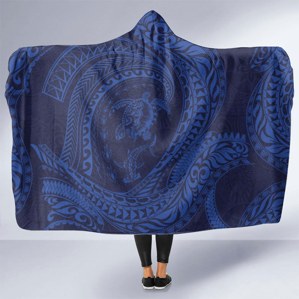 Hawaiian Turtle and Shark Hooded Blanket Kakau Tribal with Polynesian Pattern Blue Color LT03 One Size Blue - Polynesian Pride