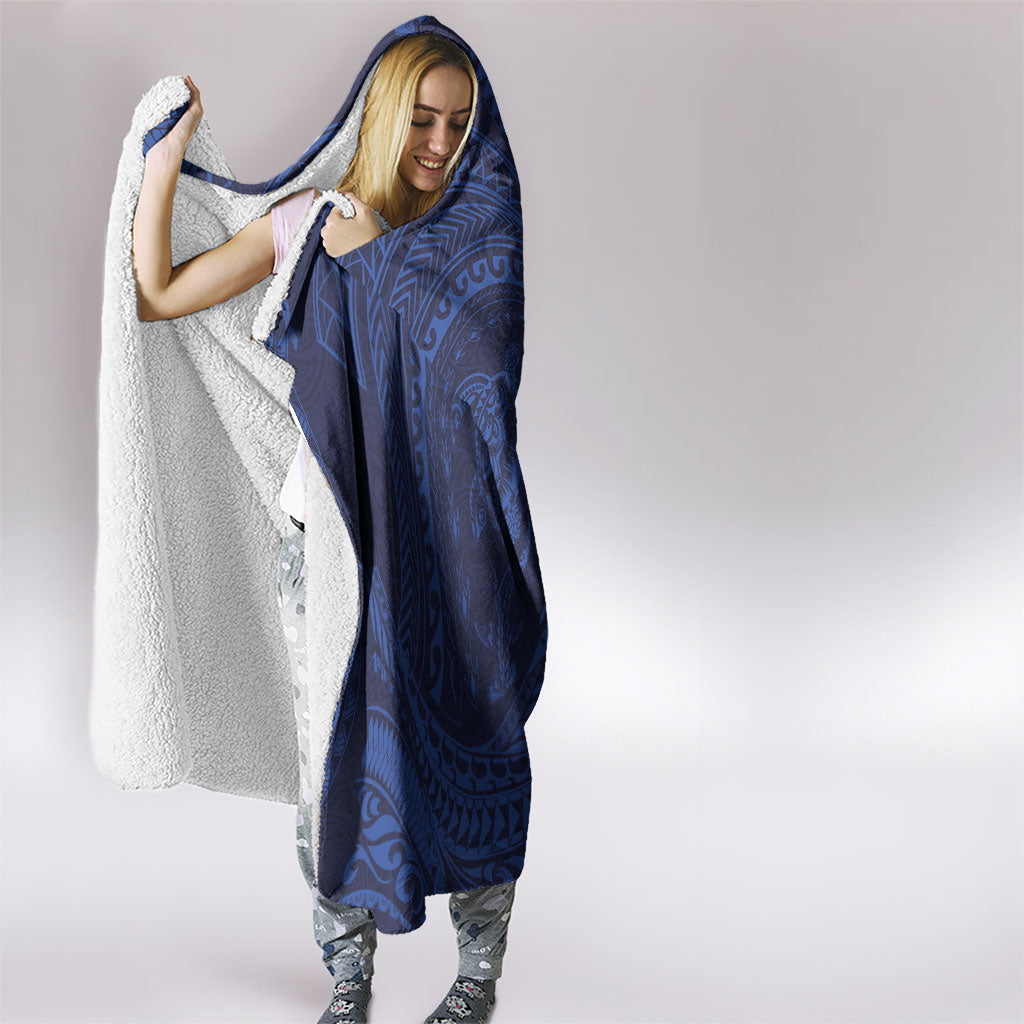 Hawaiian Turtle and Shark Hooded Blanket Kakau Tribal with Polynesian Pattern Blue Color LT03 - Polynesian Pride