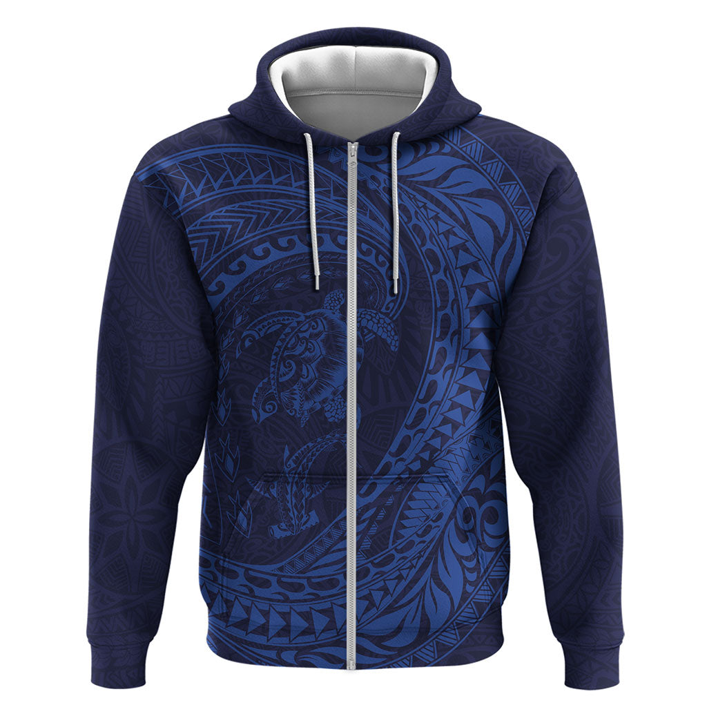 Hawaiian Turtle and Shark Hoodie Kakau Tribal with Polynesian Pattern Blue Color LT03 Zip Hoodie Blue - Polynesian Pride