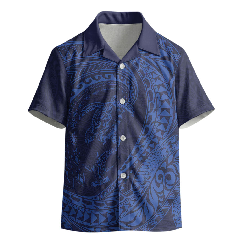Hawaiian Turtle and Shark Kid Hawaiian Shirt Kakau Tribal with Polynesian Pattern Blue Color LT03 - Polynesian Pride