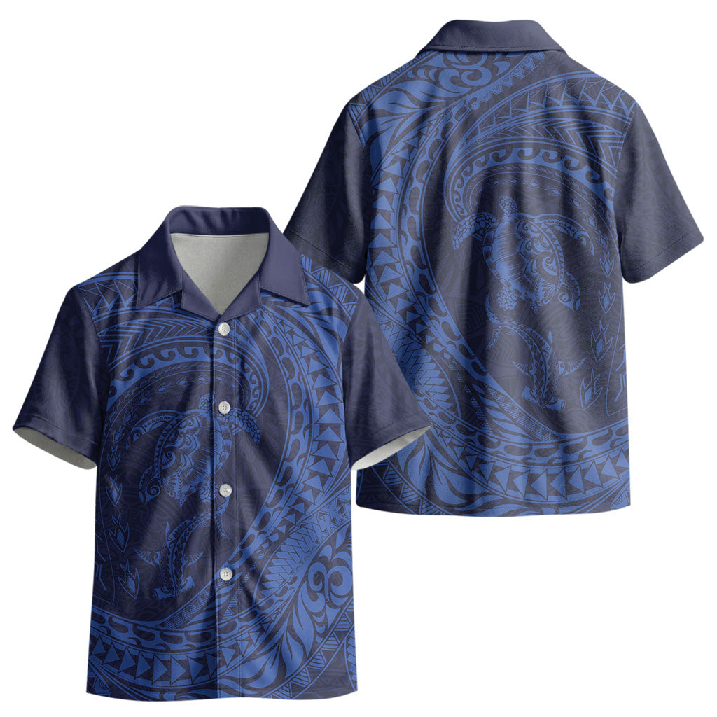 Hawaiian Turtle and Shark Kid Hawaiian Shirt Kakau Tribal with Polynesian Pattern Blue Color LT03 - Polynesian Pride