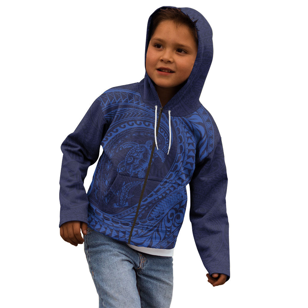 Hawaiian Turtle and Shark Kid Hoodie Kakau Tribal with Polynesian Pattern Blue Color LT03 - Polynesian Pride