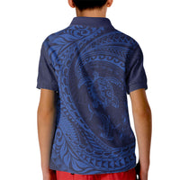 Hawaiian Turtle and Shark Kid Polo Shirt Kakau Tribal with Polynesian Pattern Blue Color LT03 - Polynesian Pride