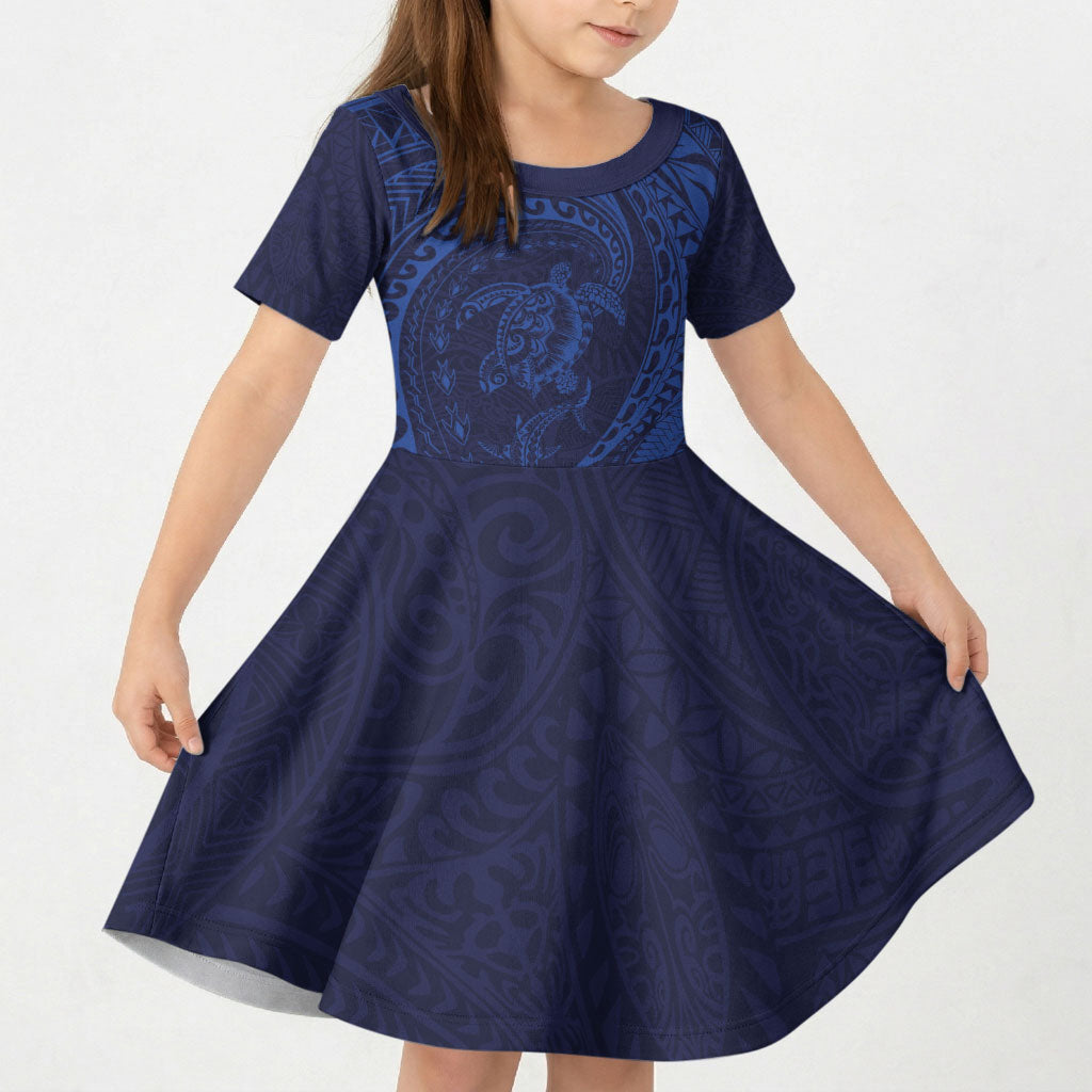 Hawaiian Turtle and Shark Kid Short Sleeve Dress Kakau Tribal with Polynesian Pattern Blue Color LT03 KID Blue - Polynesian Pride