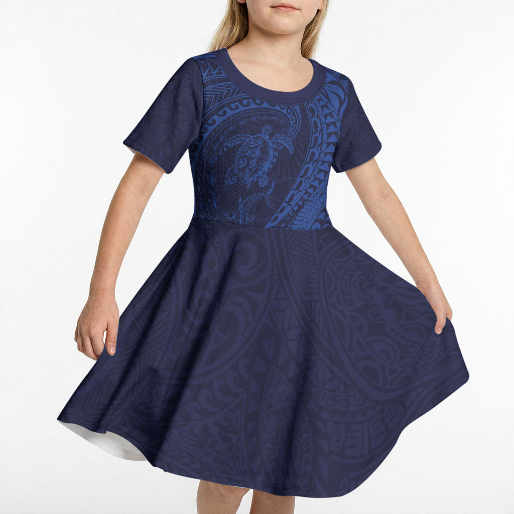 Hawaiian Turtle and Shark Kid Short Sleeve Dress Kakau Tribal with Polynesian Pattern Blue Color LT03 - Polynesian Pride