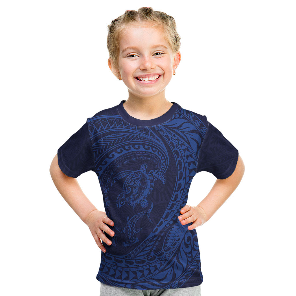Hawaiian Turtle and Shark Kid T Shirt Kakau Tribal with Polynesian Pattern Blue Color LT03 Blue - Polynesian Pride