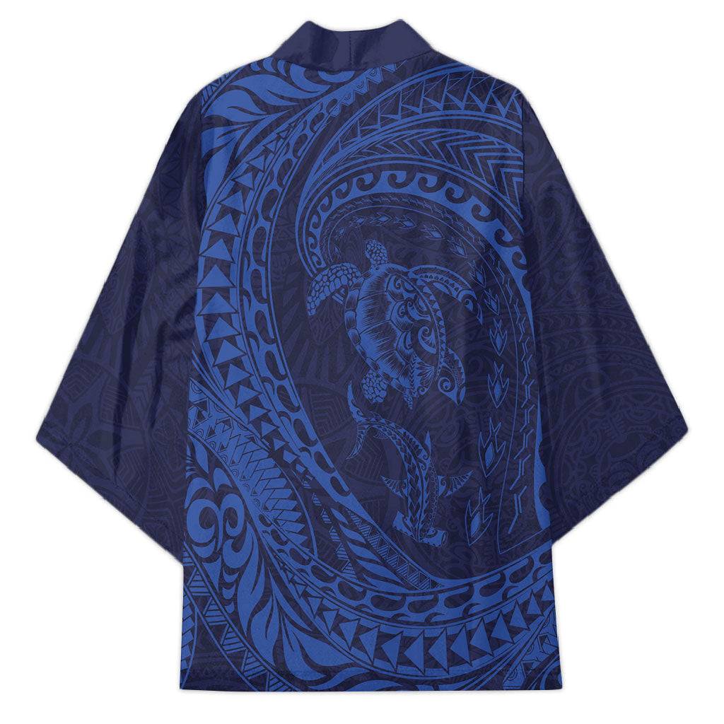 Hawaiian Turtle and Shark Kimono Kakau Tribal with Polynesian Pattern Blue Color LT03 - Polynesian Pride