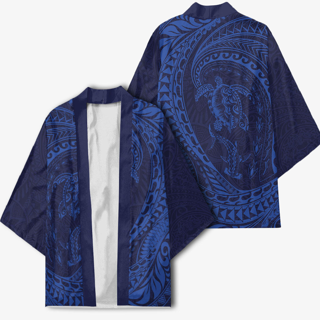 Hawaiian Turtle and Shark Kimono Kakau Tribal with Polynesian Pattern Blue Color LT03 - Polynesian Pride