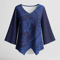Hawaiian Turtle and Shark Kimono Sleeve Blouse Kakau Tribal with Polynesian Pattern Blue Color LT03 Female Blue - Polynesian Pride