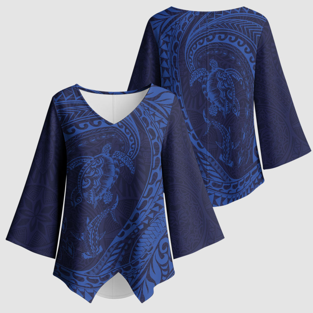 Hawaiian Turtle and Shark Kimono Sleeve Blouse Kakau Tribal with Polynesian Pattern Blue Color LT03 - Polynesian Pride