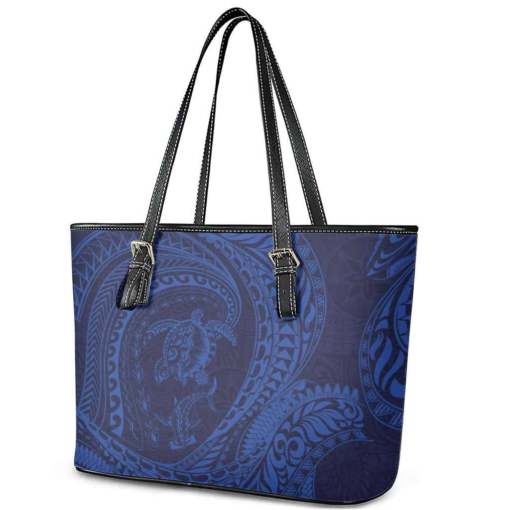 Hawaiian Turtle and Shark Leather Tote Bag Kakau Tribal with Polynesian Pattern Blue Color LT03 - Polynesian Pride