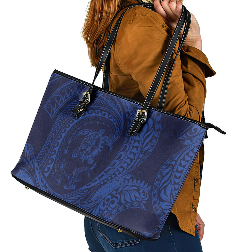 Hawaiian Turtle and Shark Leather Tote Bag Kakau Tribal with Polynesian Pattern Blue Color LT03 - Polynesian Pride