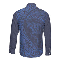 Hawaiian Turtle and Shark Long Sleeve Button Shirt Kakau Tribal with Polynesian Pattern Blue Color LT03 - Polynesian Pride
