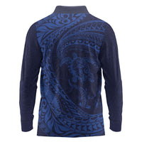 Hawaiian Turtle and Shark Long Sleeve Polo Shirt Kakau Tribal with Polynesian Pattern Blue Color LT03 - Polynesian Pride