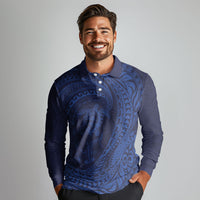 Hawaiian Turtle and Shark Long Sleeve Polo Shirt Kakau Tribal with Polynesian Pattern Blue Color LT03 - Polynesian Pride