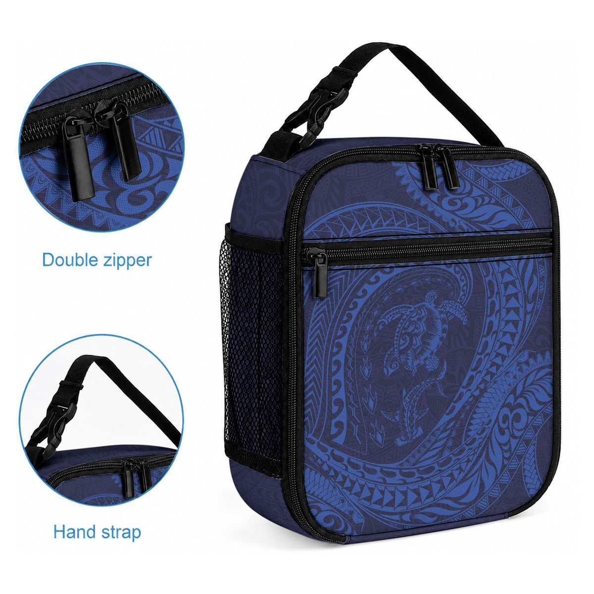 Hawaiian Turtle and Shark Lunch Bag Kakau Tribal with Polynesian Pattern Blue Color