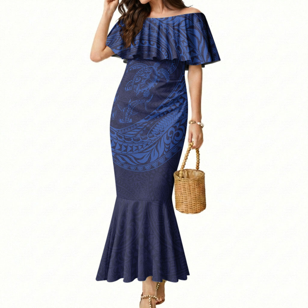 Hawaiian Turtle and Shark Mermaid Dress Kakau Tribal with Polynesian Pattern Blue Color LT03 Women Blue - Polynesian Pride