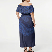 Hawaiian Turtle and Shark Off Shoulder Maxi Dress Kakau Tribal with Polynesian Pattern Blue Color LT03 - Polynesian Pride
