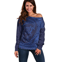 Hawaiian Turtle and Shark Off Shoulder Sweater Kakau Tribal with Polynesian Pattern Blue Color LT03 Women Blue - Polynesian Pride