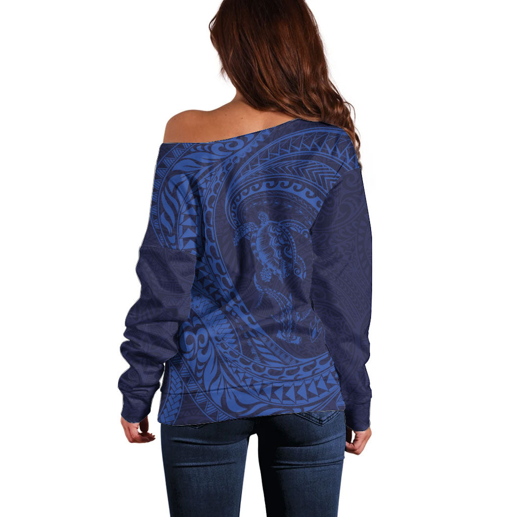 Hawaiian Turtle and Shark Off Shoulder Sweater Kakau Tribal with Polynesian Pattern Blue Color LT03 - Polynesian Pride