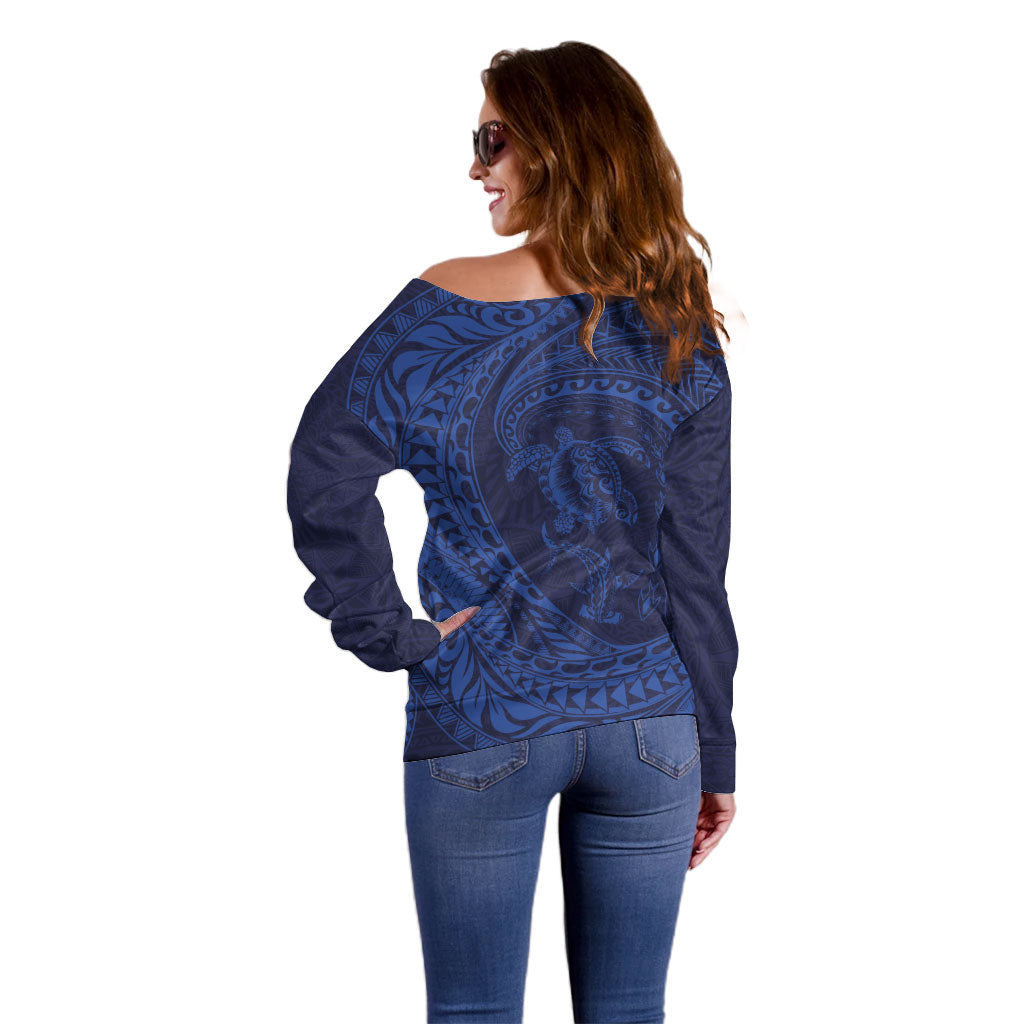 Hawaiian Turtle and Shark Off Shoulder Sweater Kakau Tribal with Polynesian Pattern Blue Color LT03 - Polynesian Pride