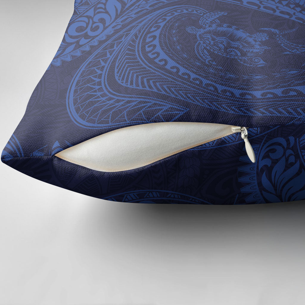 Hawaiian Turtle and Shark Pillow Cover Kakau Tribal with Polynesian Pattern Blue Color LT03 - Polynesian Pride