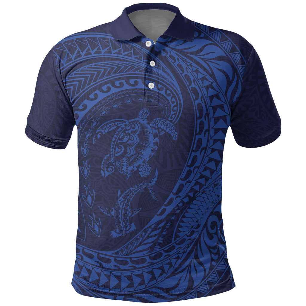 Hawaiian Turtle and Shark Polo Shirt Kakau Tribal with Polynesian Pattern Blue Color LT03 Blue - Polynesian Pride