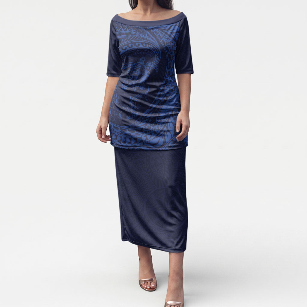 Hawaiian Turtle and Shark Puletasi Kakau Tribal with Polynesian Pattern Blue Color LT03 Long Dress Blue - Polynesian Pride
