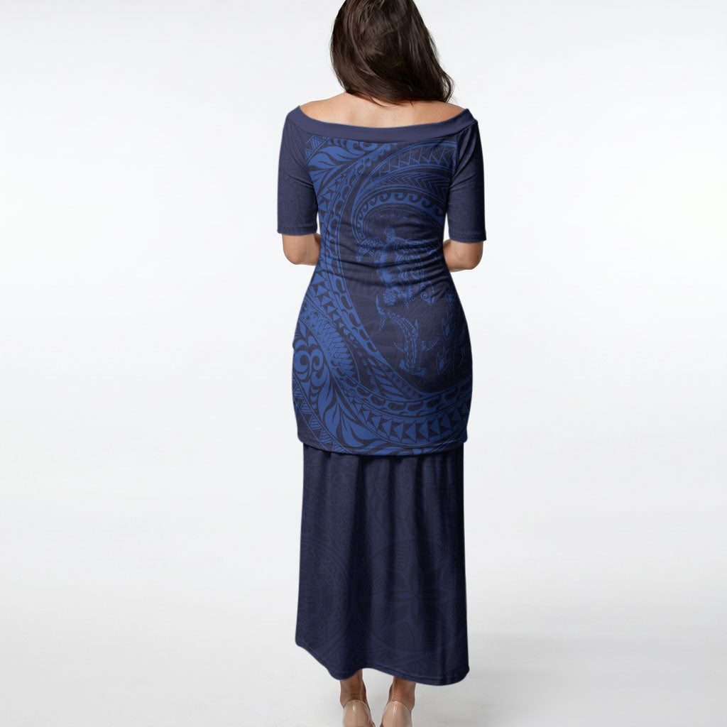 Hawaiian Turtle and Shark Puletasi Kakau Tribal with Polynesian Pattern Blue Color LT03 - Polynesian Pride