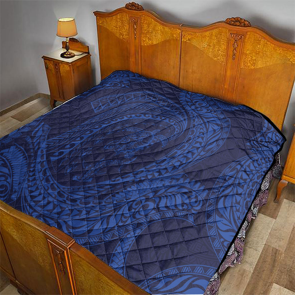 Hawaiian Turtle and Shark Quilt Kakau Tribal with Polynesian Pattern Blue Color LT03 - Polynesian Pride