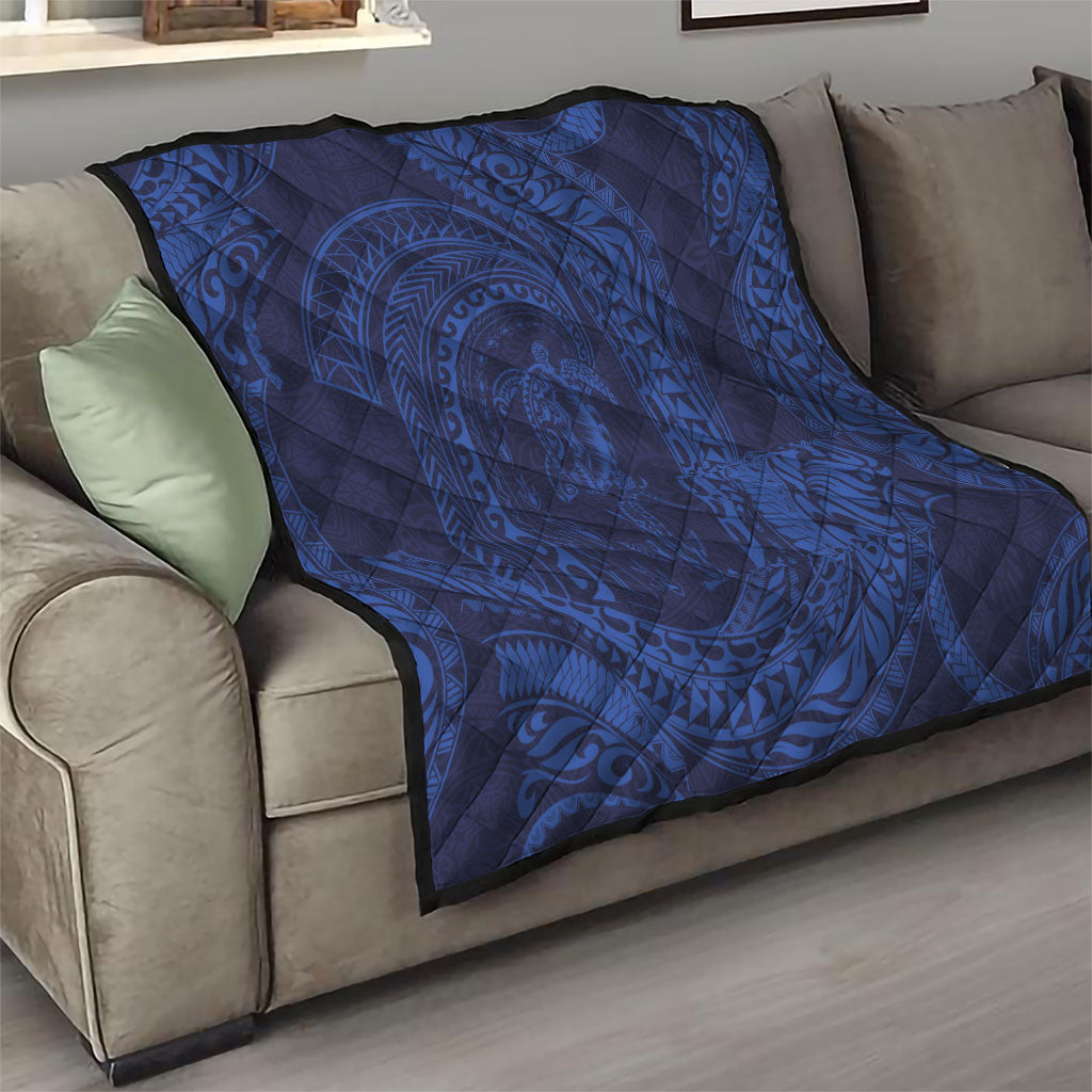 Hawaiian Turtle and Shark Quilt Kakau Tribal with Polynesian Pattern Blue Color LT03 - Polynesian Pride