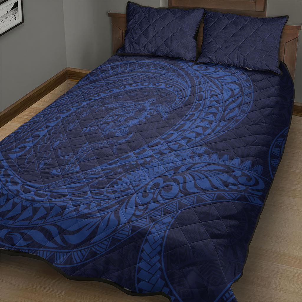 Hawaiian Turtle and Shark Quilt Bed Set Kakau Tribal with Polynesian Pattern Blue Color LT03 - Polynesian Pride