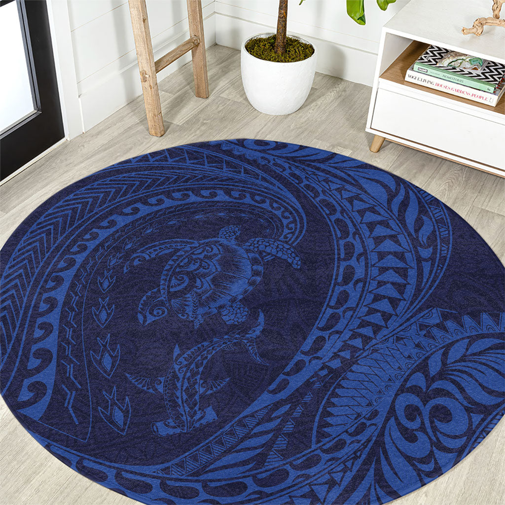 Hawaiian Turtle and Shark Round Carpet Kakau Tribal with Polynesian Pattern Blue Color LT03 Blue - Polynesian Pride