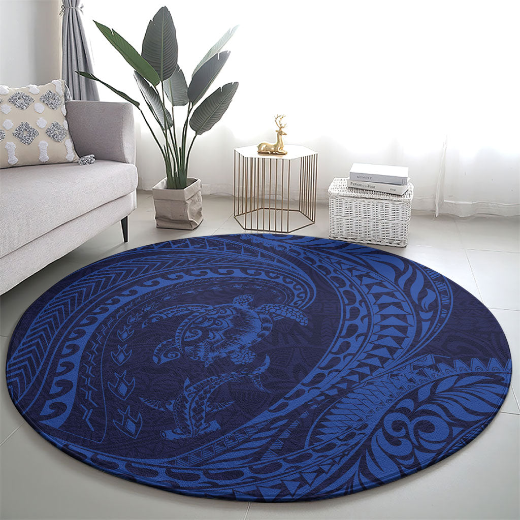 Hawaiian Turtle and Shark Round Carpet Kakau Tribal with Polynesian Pattern Blue Color LT03 - Polynesian Pride