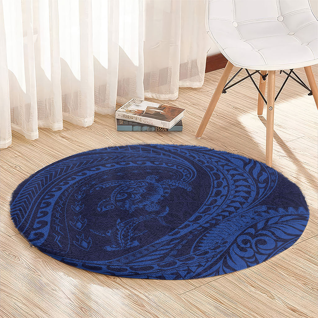 Hawaiian Turtle and Shark Round Carpet Kakau Tribal with Polynesian Pattern Blue Color LT03 - Polynesian Pride