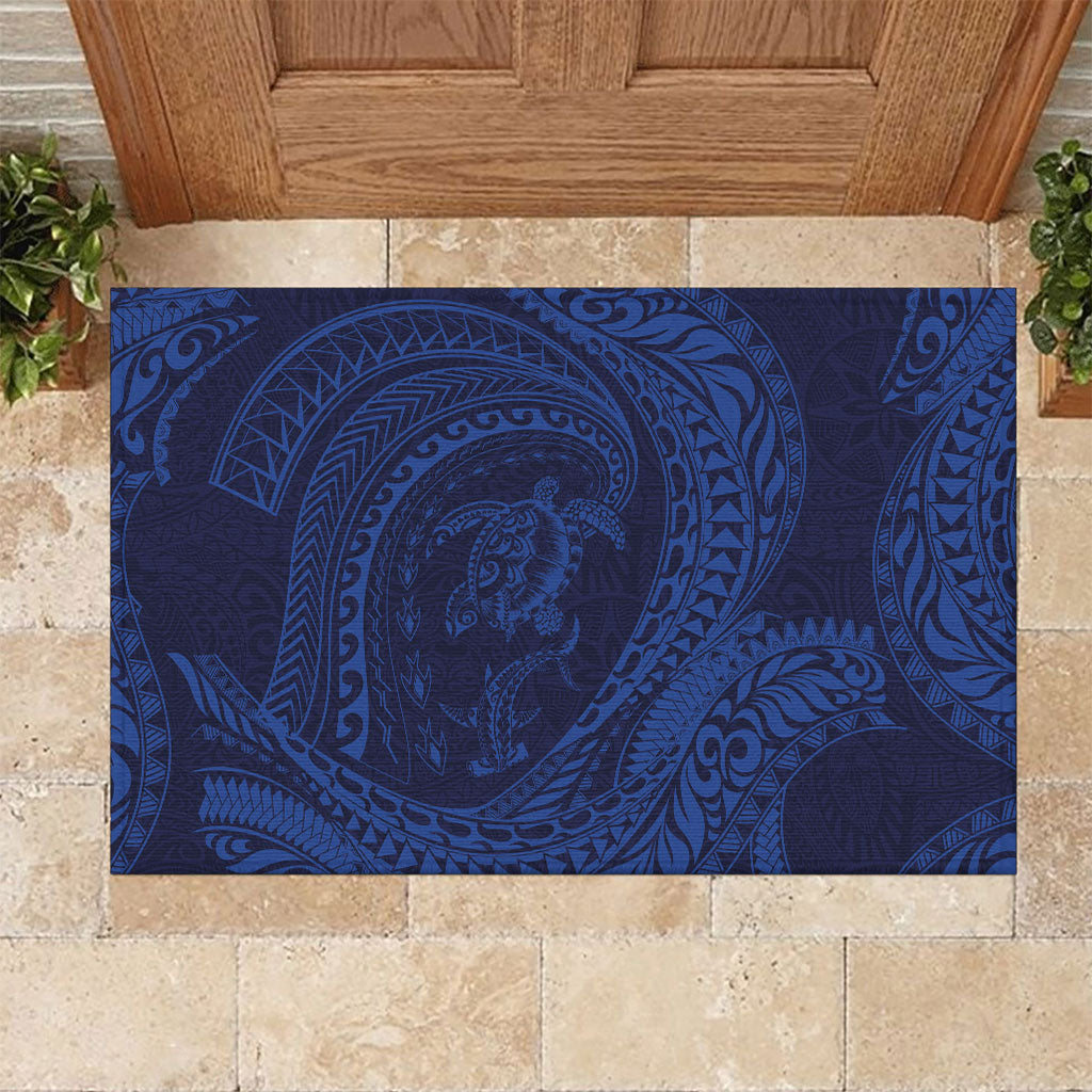 Hawaiian Turtle and Shark Rubber Doormat Kakau Tribal with Polynesian Pattern Blue Color LT03 Blue - Polynesian Pride