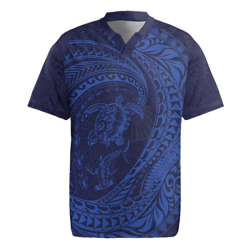 Hawaiian Turtle and Shark Rugby Jersey Kakau Tribal with Polynesian Pattern Blue Color LT03 Blue - Polynesian Pride