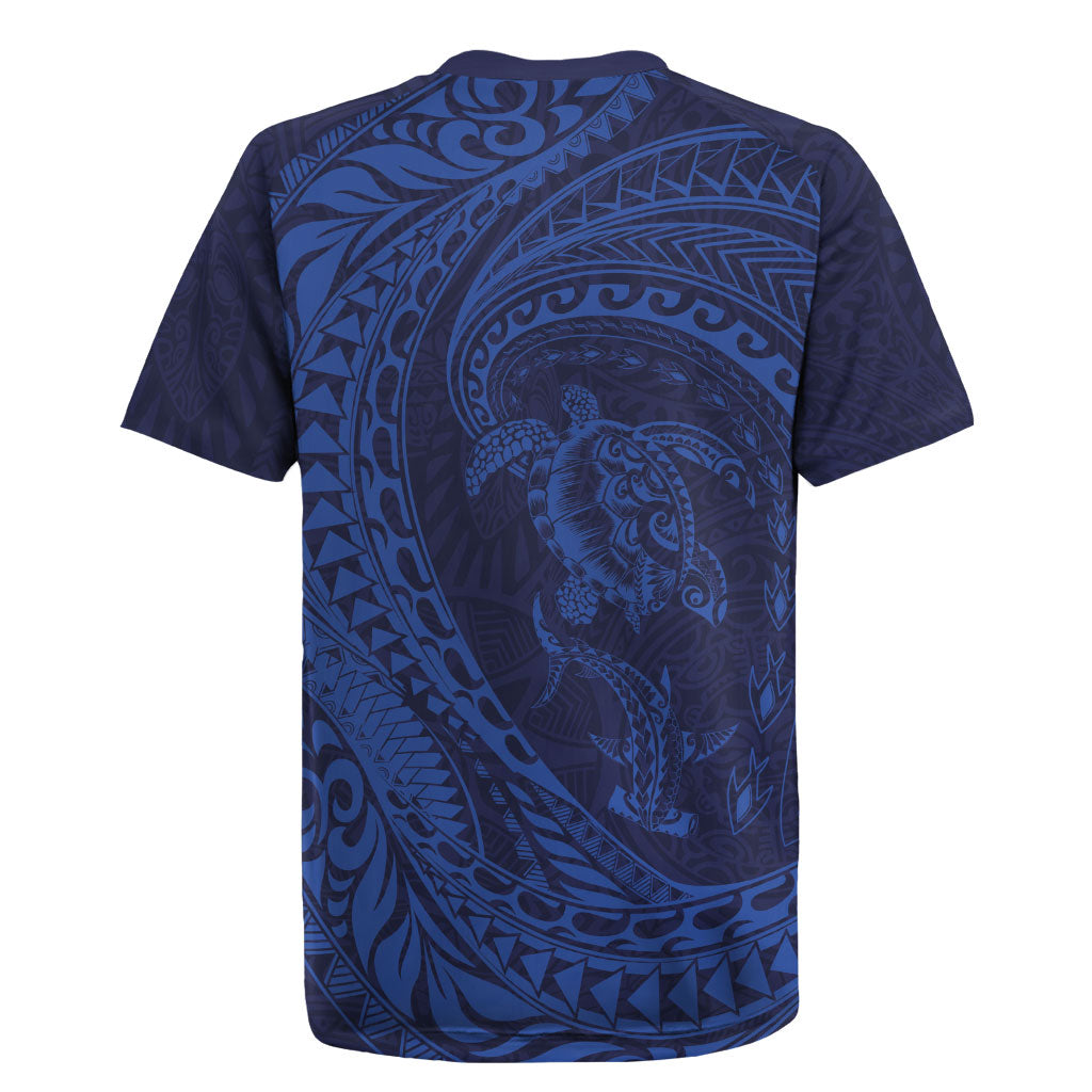 Hawaiian Turtle and Shark Rugby Jersey Kakau Tribal with Polynesian Pattern Blue Color LT03 - Polynesian Pride