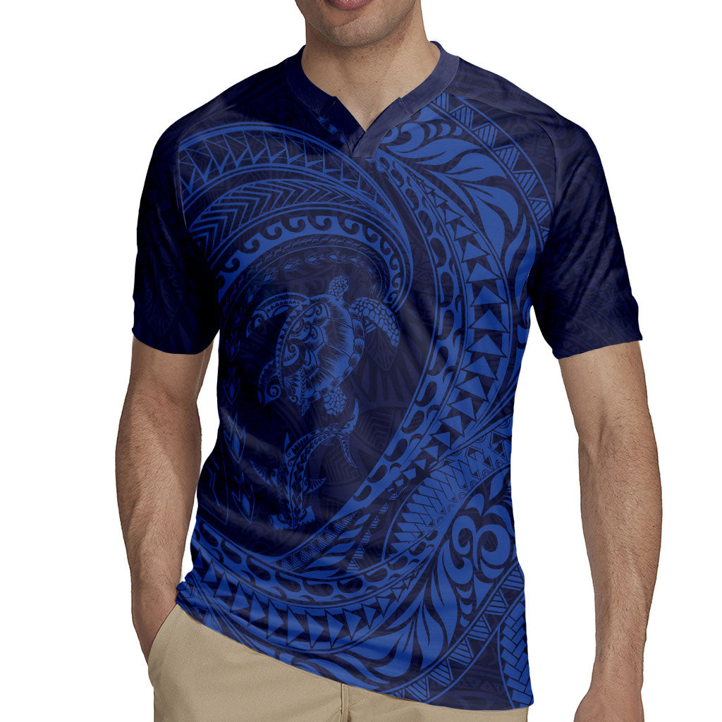 Hawaiian Turtle and Shark Rugby Jersey Kakau Tribal with Polynesian Pattern Blue Color LT03 - Polynesian Pride