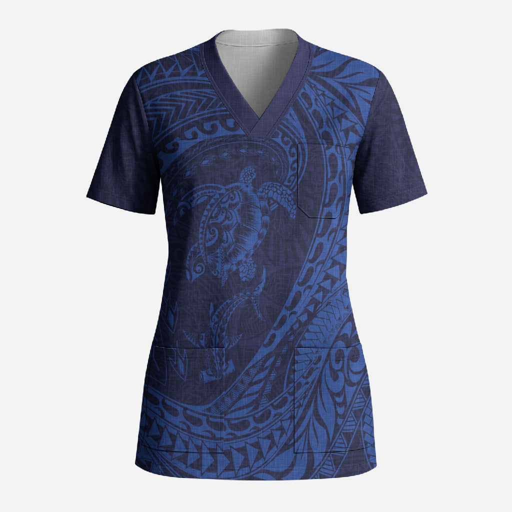 Hawaiian Turtle and Shark Scrub Top Kakau Tribal with Polynesian Pattern Blue Color LT03 Adult Blue - Polynesian Pride