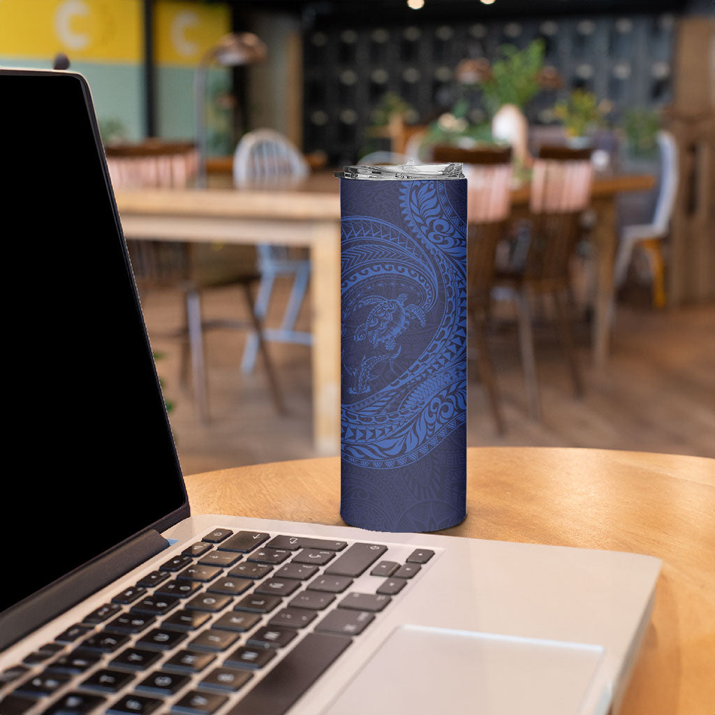 Hawaiian Turtle and Shark Skinny Tumbler Kakau Tribal with Polynesian Pattern Blue Color LT03 - Polynesian Pride