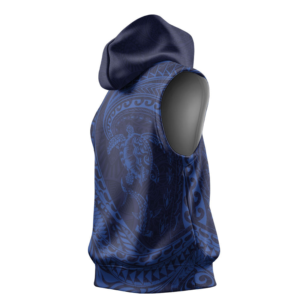 Hawaiian Turtle and Shark Sleeveless Hoodie Kakau Tribal with Polynesian Pattern Blue Color LT03 - Polynesian Pride