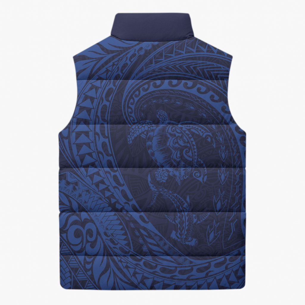 Hawaiian Turtle and Shark Sleeveless Puffer Jacket Kakau Tribal with Polynesian Pattern Blue Color LT03 - Polynesian Pride