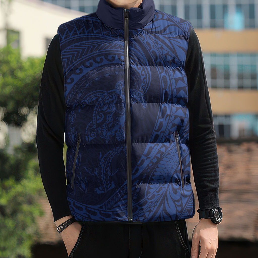Hawaiian Turtle and Shark Sleeveless Puffer Jacket Kakau Tribal with Polynesian Pattern Blue Color LT03 - Polynesian Pride