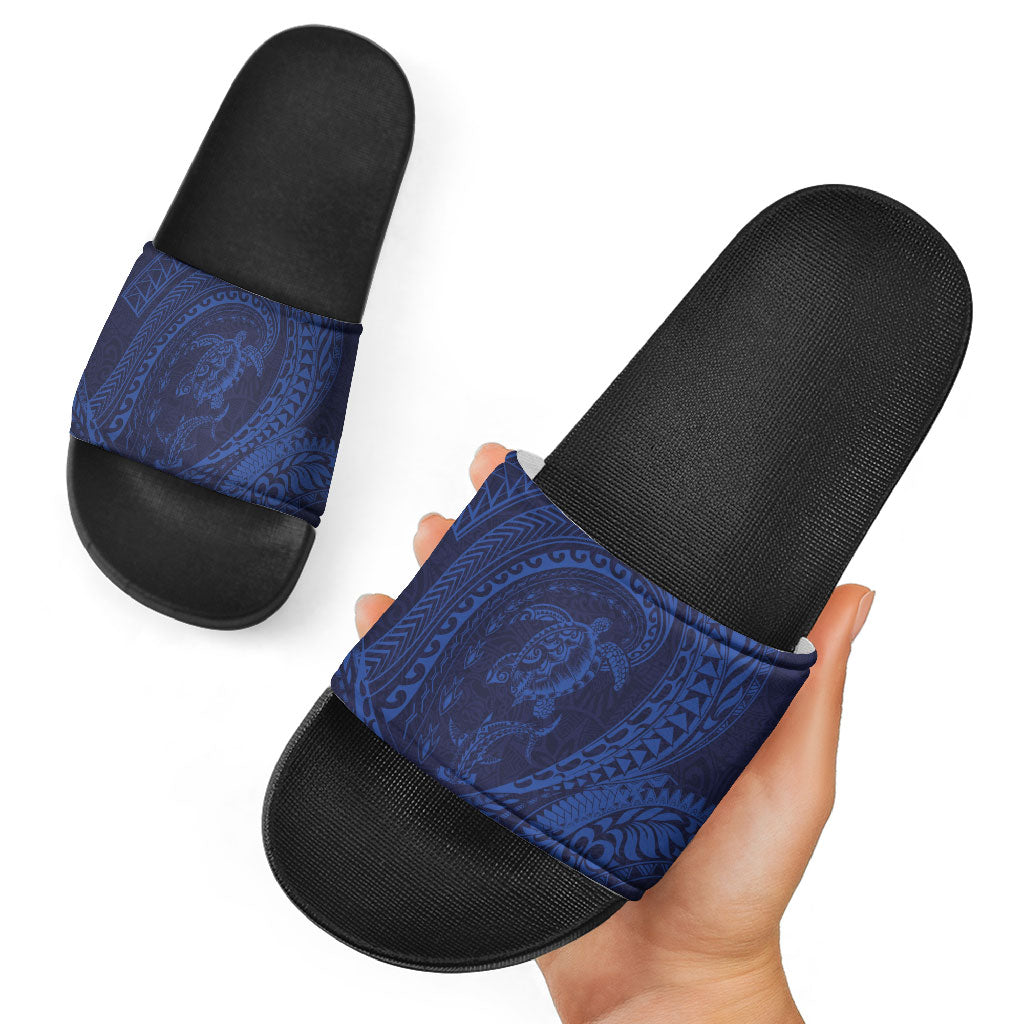 Hawaiian Turtle and Shark Slide Sandals Kakau Tribal with Polynesian Pattern Blue Color LT03 - Polynesian Pride