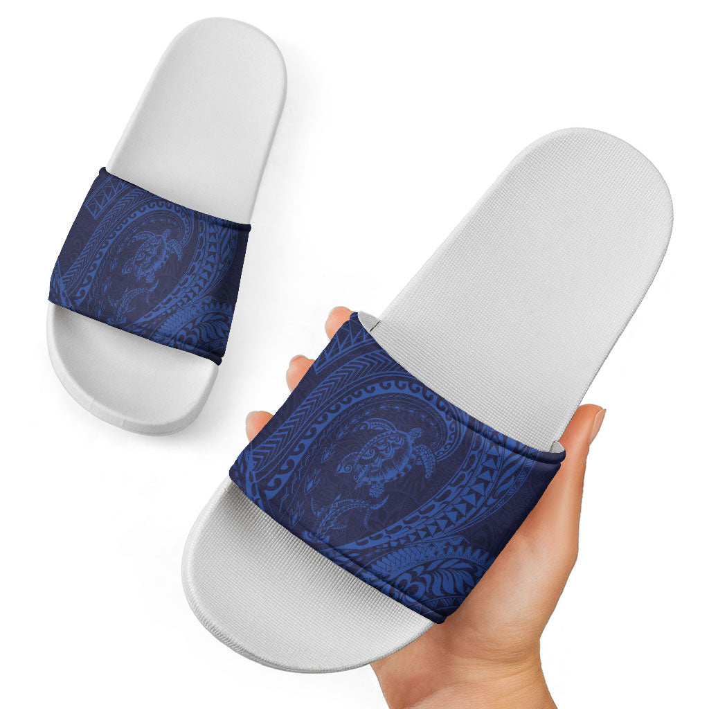 Hawaiian Turtle and Shark Slide Sandals Kakau Tribal with Polynesian Pattern Blue Color LT03 - Polynesian Pride